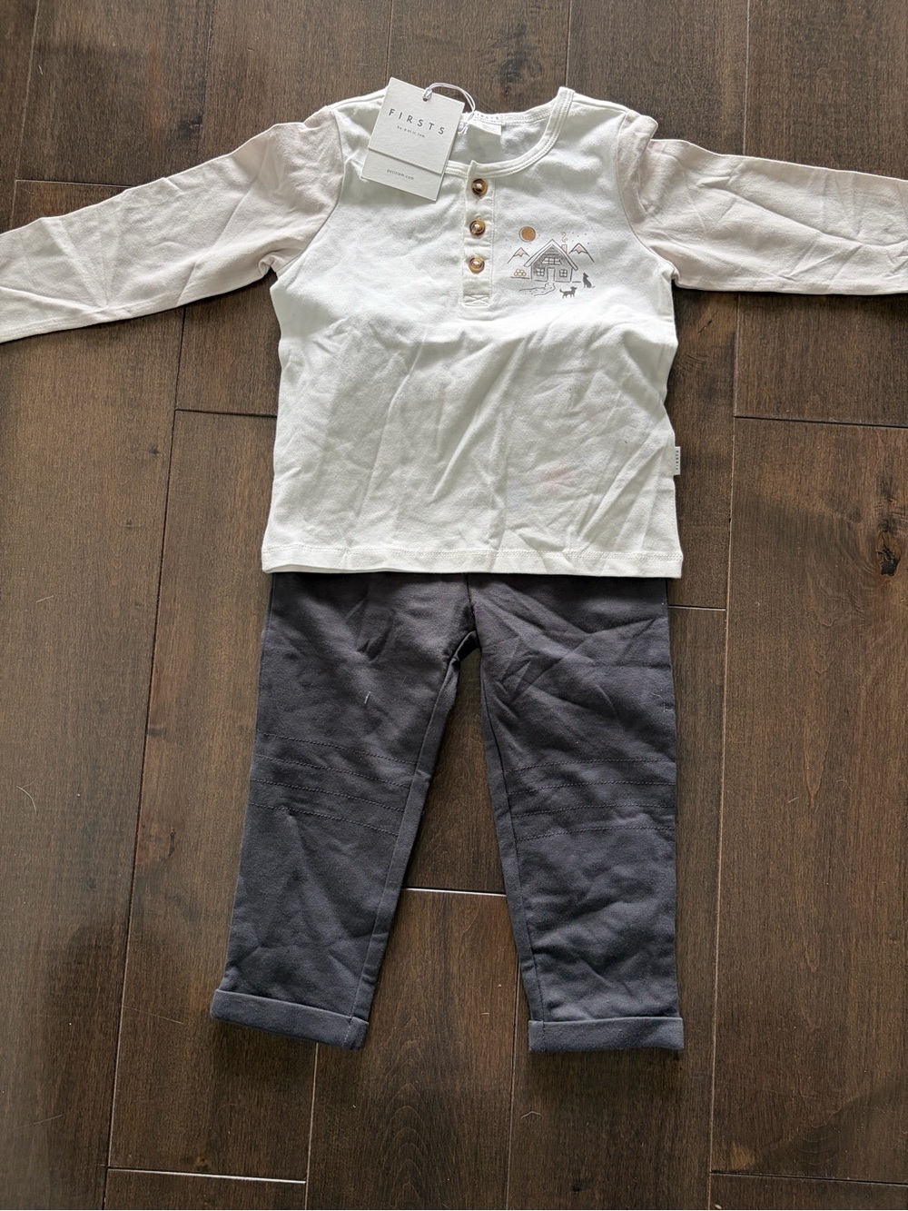 Petit Lem White Henley Top & Gray Pants Kids Pajama Set